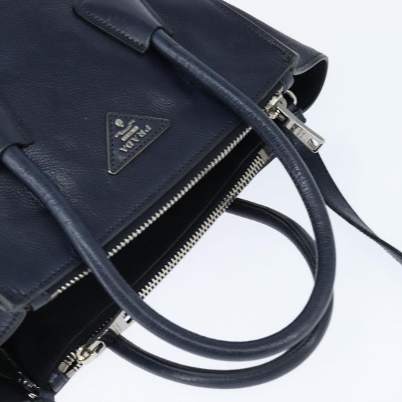 PRADA Hand Bag Leather 2way Navy Gold Auth BA7315