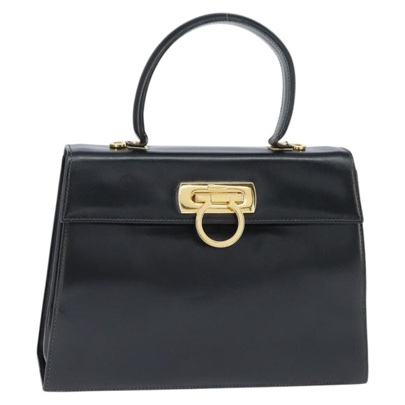 Salvatore Ferragamo Gancini Hand Bag Leather 2way Black Gold Auth BA7323