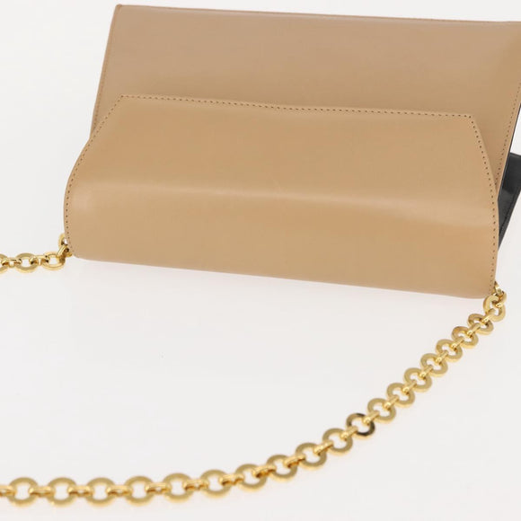 Salvatore Ferragamo Chain Shoulder Bag Leather Beige Gold Auth BA7325