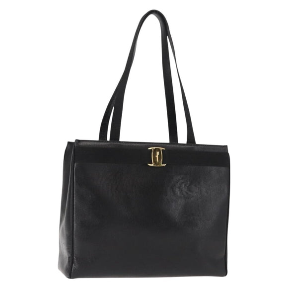 Salvatore Ferragamo Vala Embossing Tote Bag Leather Black Gold Auth BA7328