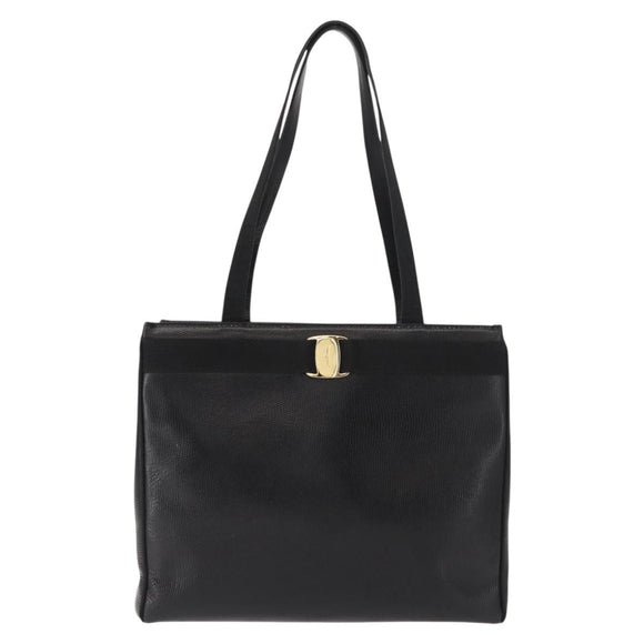 Salvatore Ferragamo Vala Embossing Tote Bag Leather Black Gold Auth BA7328