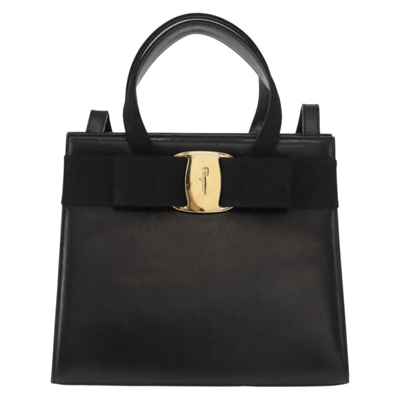 Salvatore Ferragamo Vala Hand Bag Leather 2way Black Gold Auth BA7329