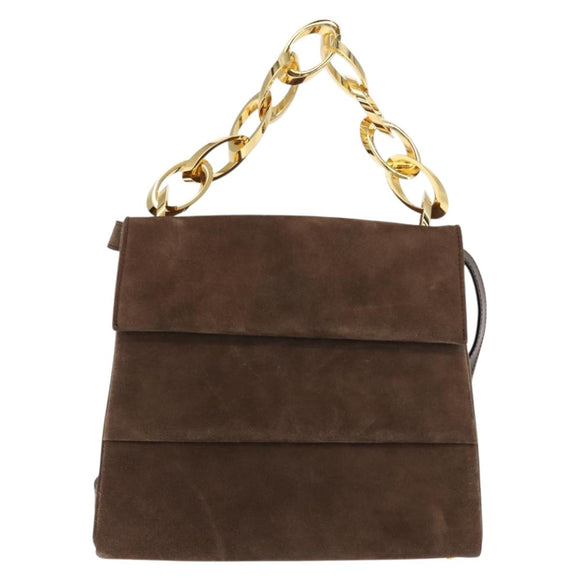 Salvatore Ferragamo Chain Hand Bag Suede Brown Gold Auth BA7332