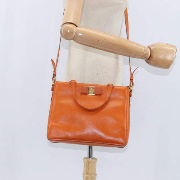 Salvatore Ferragamo Vala Tote Bag Leather 2way Orange Gold Auth BA7333