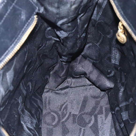 Salvatore Ferragamo Chain Vala Tote Bag Canvas Navy Gold Auth BA7334