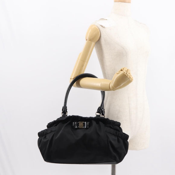 Salvatore Ferragamo Vala Tote Bag Nylon Enamel Black Silver Auth BA7337