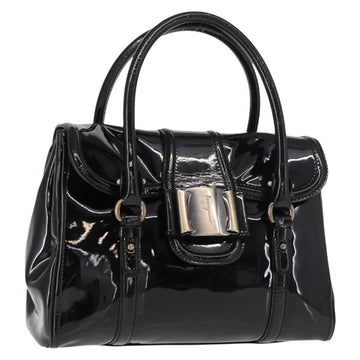Salvatore Ferragamo Vala Hand Bag Enamel Black Gold Auth BA7339