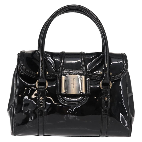 Salvatore Ferragamo Vala Hand Bag Enamel Black Gold Auth BA7339