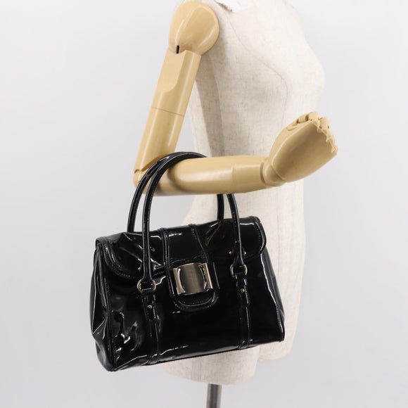Salvatore Ferragamo Vala Hand Bag Enamel Black Gold Auth BA7339