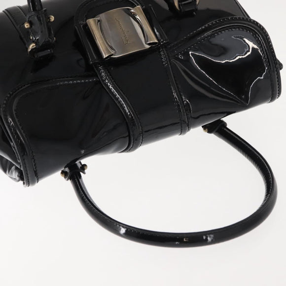 Salvatore Ferragamo Vala Hand Bag Enamel Black Gold Auth BA7339