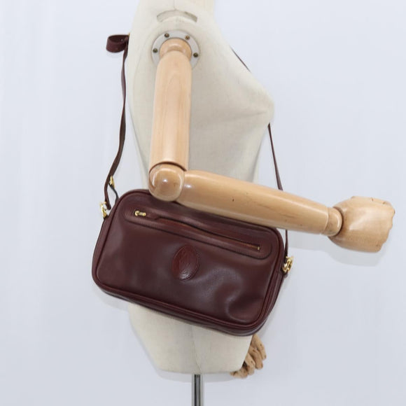 CARTIER Must Line Shoulder Bag Leather Bordeaux Gold Auth BA7350