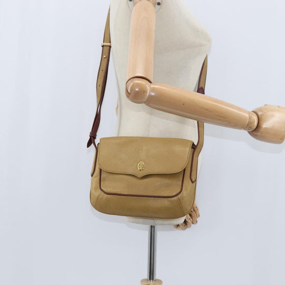 CARTIER Shoulder Bag Leather Beige Gold Auth BA7353