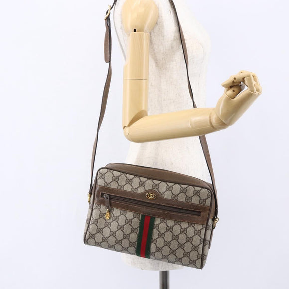 GUCCI GG Supreme Web Sherry Line Shoulder Bag PVC Beige Gold Auth BA7456