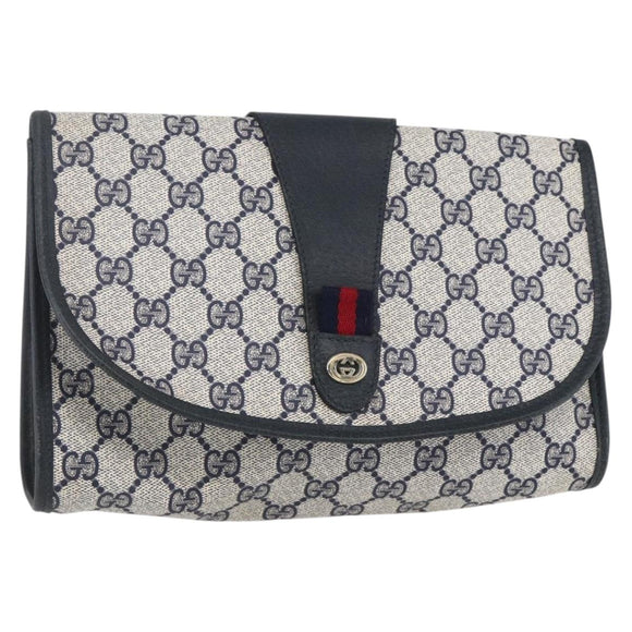 GUCCI GG Supreme Sherry Line Clutch Bag PVC Navy Gold 156 01 030 Auth BA7467