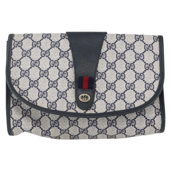 GUCCI GG Supreme Sherry Line Clutch Bag PVC Navy Gold 156 01 030 Auth BA7467