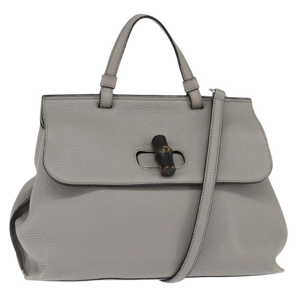 GUCCI Bamboo Hand Bag Leather 2way Gray Silver 392013 Auth BA7471