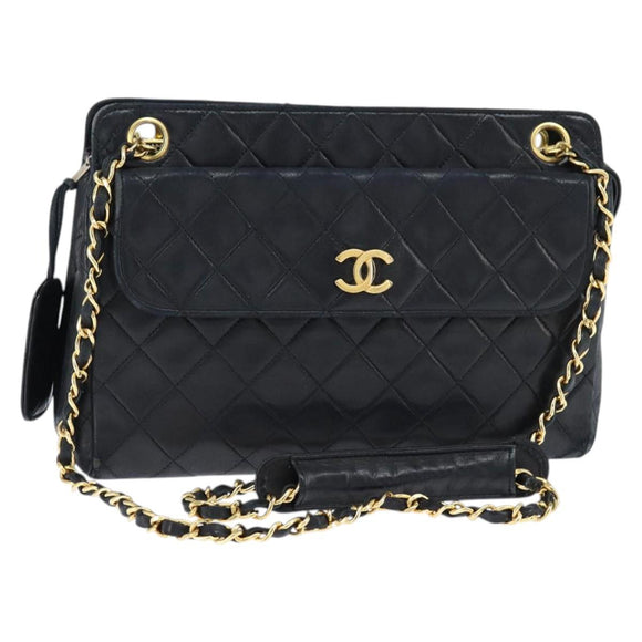 CHANEL Matelasse Chain Shoulder Bag Lamb Skin Black Gold CC Auth BA7483