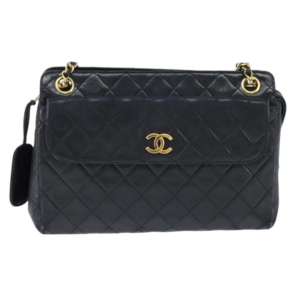 CHANEL Matelasse Chain Shoulder Bag Lamb Skin Black Gold CC Auth BA7483
