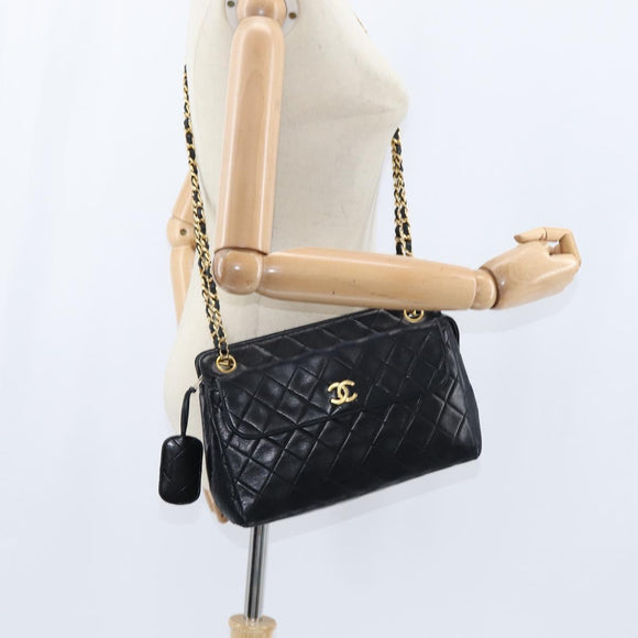 CHANEL Matelasse Chain Shoulder Bag Lamb Skin Black Gold CC Auth BA7483