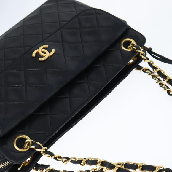 CHANEL Matelasse Chain Shoulder Bag Lamb Skin Black Gold CC Auth BA7483