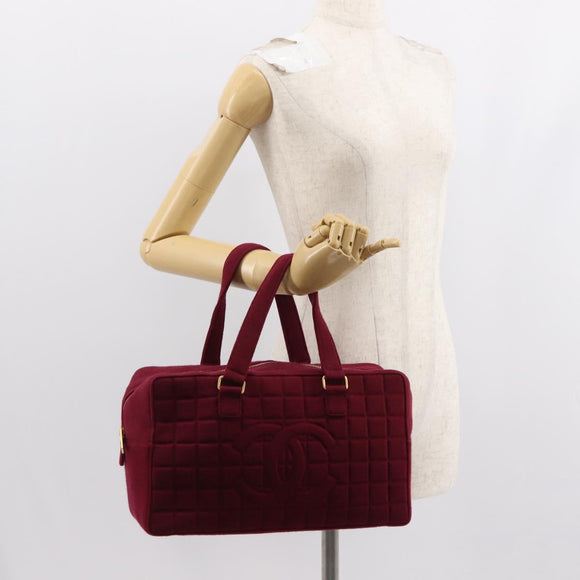 CHANEL Choco Bar Boston Bag Cotton Bordeaux Gold CC Auth BA7488