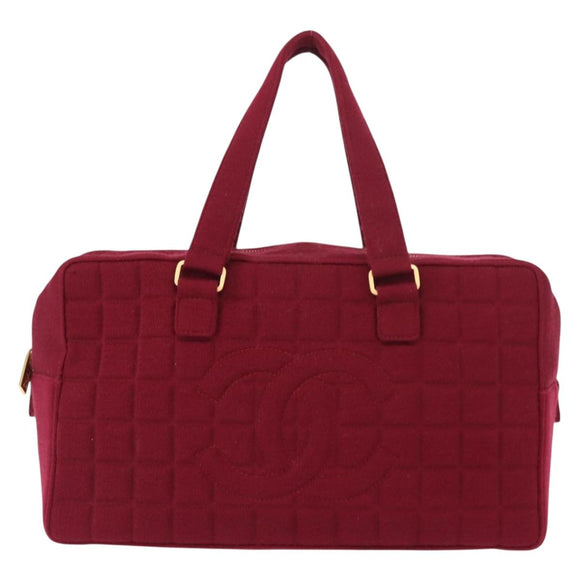 CHANEL Choco Bar Boston Bag Cotton Bordeaux Gold CC Auth BA7488