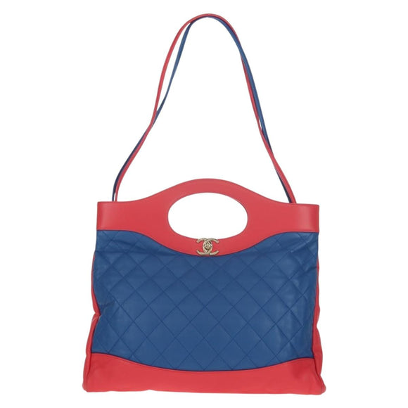 CHANEL Matelasse Hand Bag Lamb Skin 2way Blue Gold CC Auth BA7491M