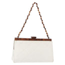 CHANEL Wood Chain Shoulder Bag Lamb Skin White Gold CC Auth BA7494-1