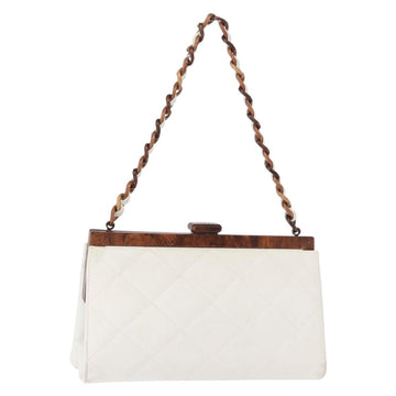 CHANEL Wood Chain Shoulder Bag Lamb Skin White Gold CC Auth BA7494