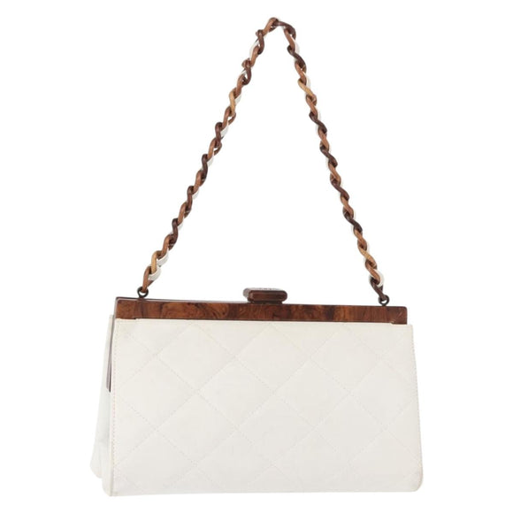 CHANEL Wood Chain Shoulder Bag Lamb Skin White Gold CC Auth BA7494