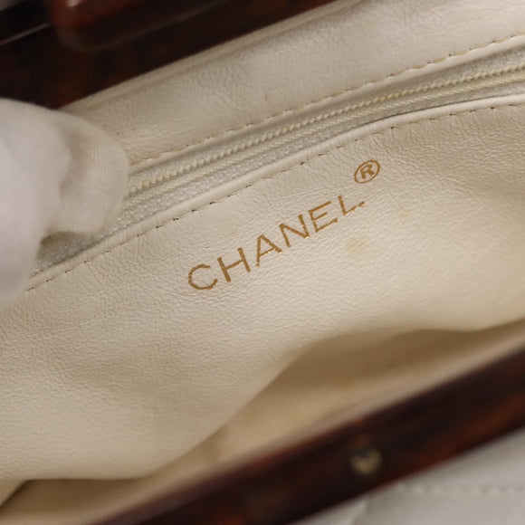 CHANEL Houten Ketting Schoudertas Lamsleer Wit Goud CC Auth BA7494