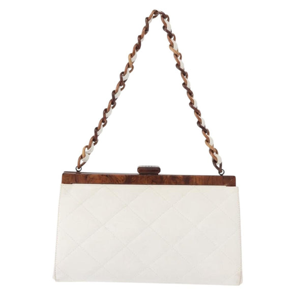 CHANEL Wood Chain Shoulder Bag Lamb Skin White Gold CC Auth BA7494