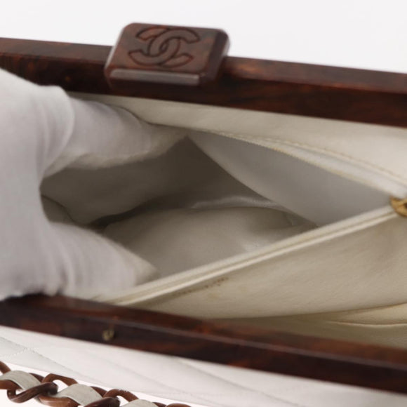 CHANEL Wood Chain Shoulder Bag Lamb Skin White Gold CC Auth BA7494