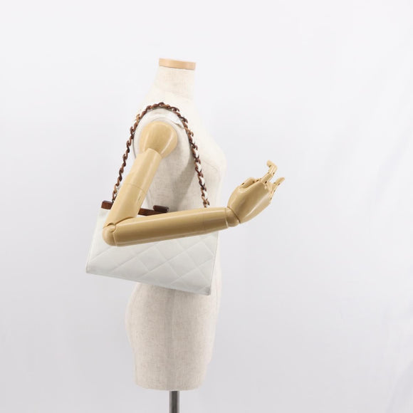 CHANEL Wood Chain Shoulder Bag Lamb Skin White Gold CC Auth BA7494