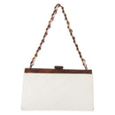 CHANEL Wood Chain Shoulder Bag Lamb Skin White Gold CC Auth BA7494-2