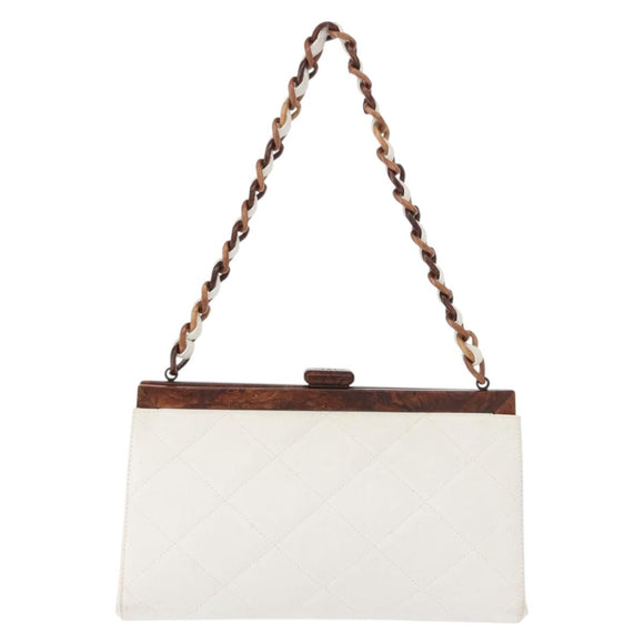 CHANEL Wood Chain Shoulder Bag Lamb Skin White Gold CC Auth BA7494