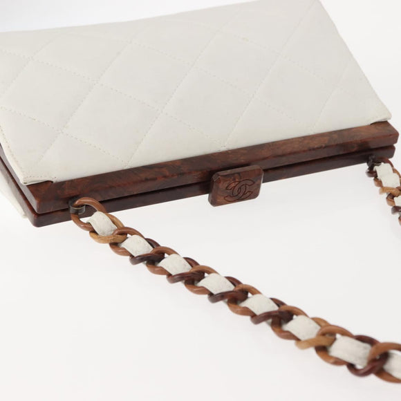 CHANEL Wood Chain Shoulder Bag Lamb Skin White Gold CC Auth BA7494