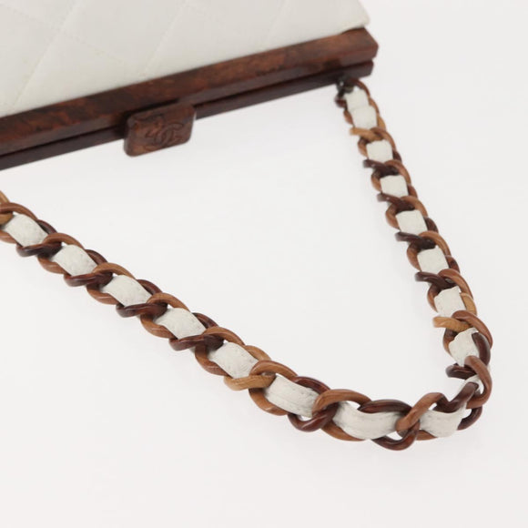 CHANEL Wood Chain Shoulder Bag Lamb Skin White Gold CC Auth BA7494