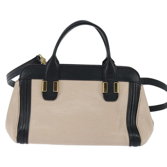 Chloe Little Alice Hand Bag Leather 2way White Gold Auth BA7495