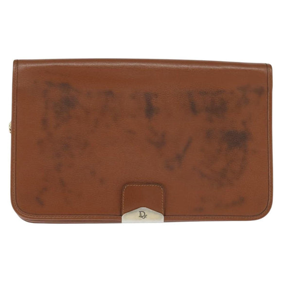 Christian Dior Chain Shoulder Bag Leather Brown Gold Auth BA7503