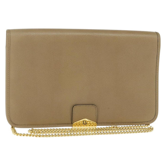 Christian Dior Chain Shoulder Bag Leather Beige Gold Auth BA7504