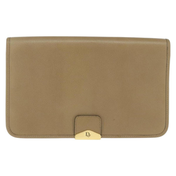 Christian Dior Chain Shoulder Bag Leather Beige Gold Auth BA7504