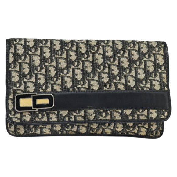 Christian Dior Trotter Canvas Clutch Bag Navy Gold Auth BA7510