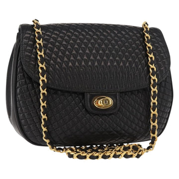 BALLY Chain Shoulder Bag Leather Black Gold Auth BA7514