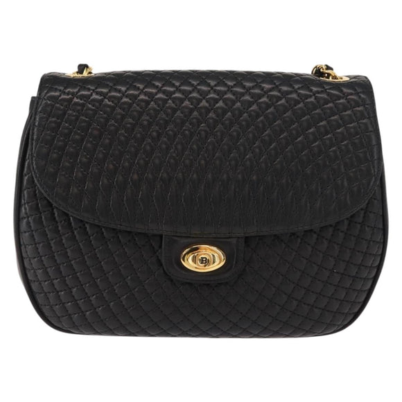 BALLY Chain Shoulder Bag Leather Black Gold Auth BA7514