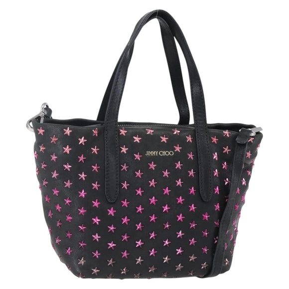 Jimmy Choo Studs Hand Bag Leather 2way Black Silver Auth BA7517