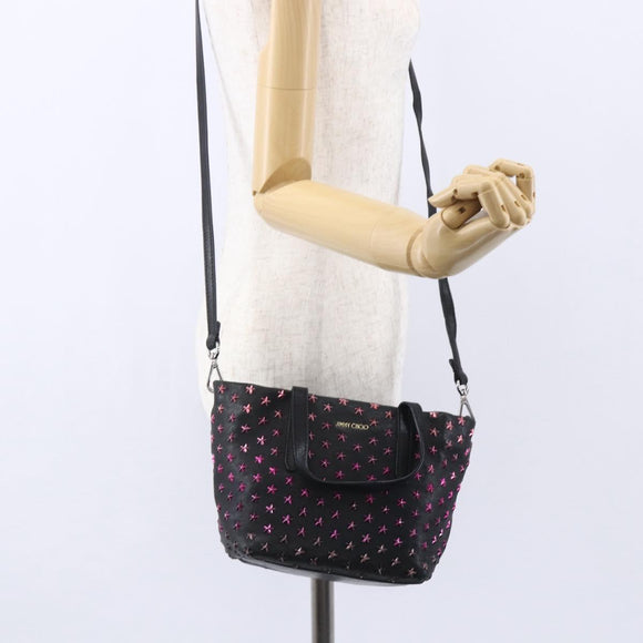 Jimmy Choo Studs Hand Bag Leather 2way Black Silver Auth BA7517