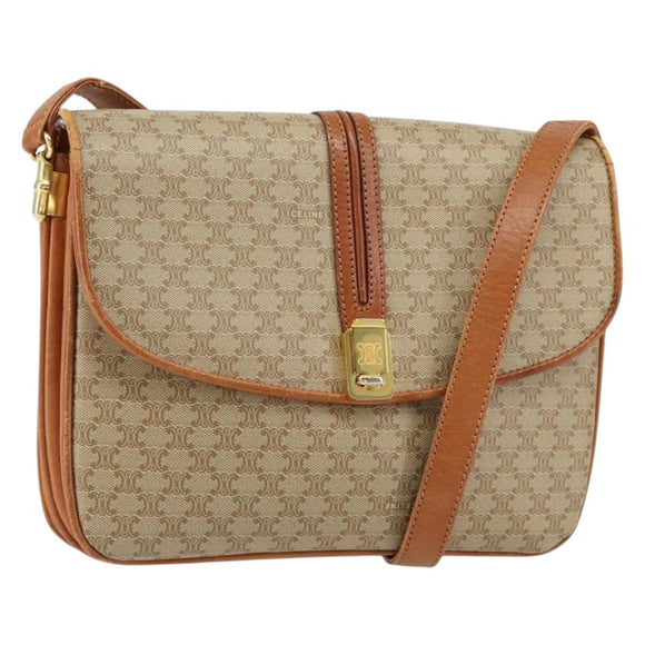 CELINE Macadam Canvas Shoulder Bag PVC Leather Beige Gold Auth BA7520