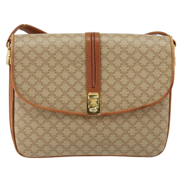 CELINE Macadam Canvas Shoulder Bag PVC Leather Beige Gold Auth BA7520