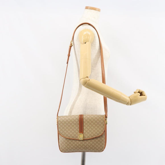 CELINE Macadam Canvas Shoulder Bag PVC Leather Beige Gold Auth BA7520